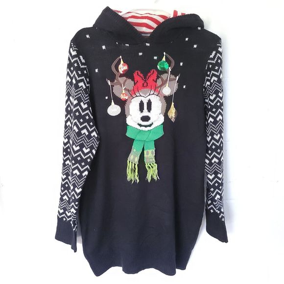 Disney Parks Ugly Christmas Sweater Hoodie Dress Womans Large Minnie Mouse Ears - Picture 7 of 16